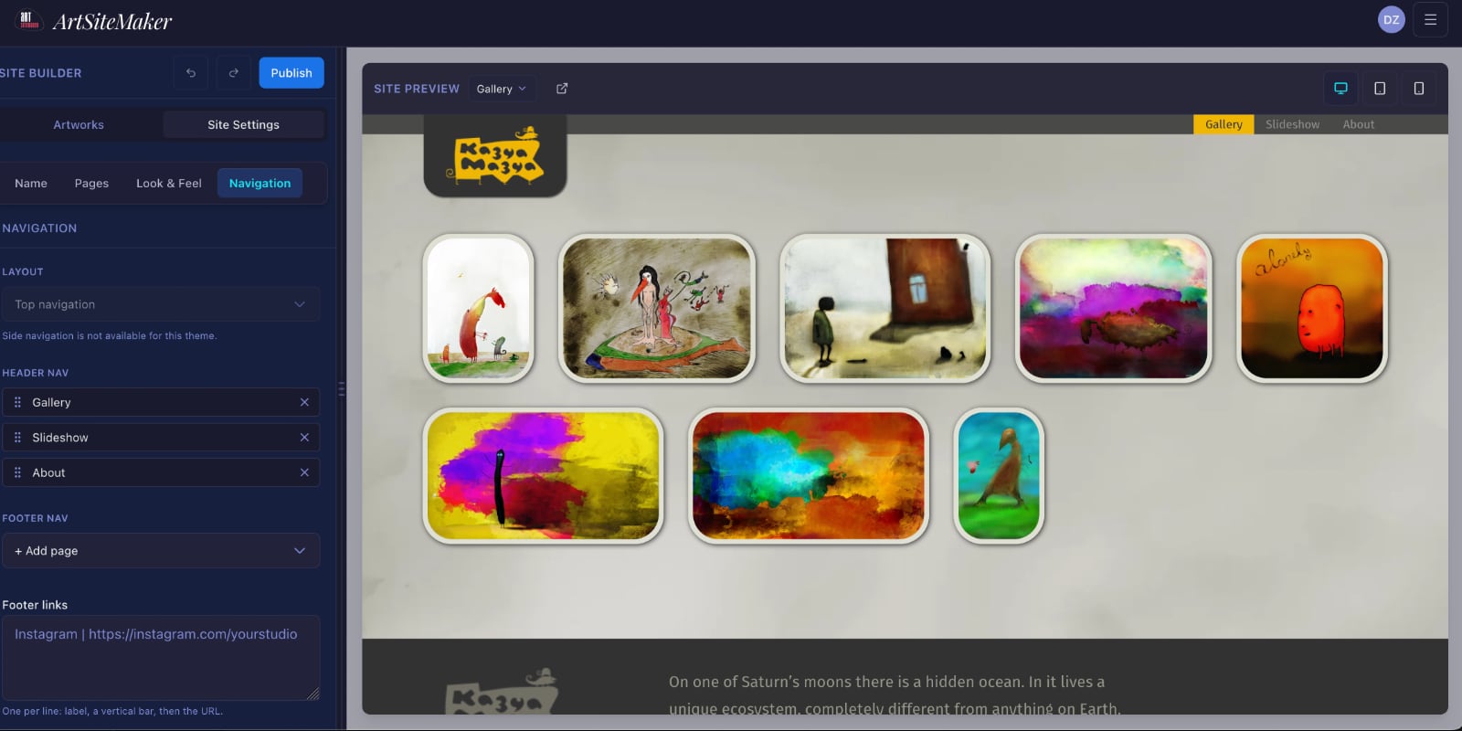 ArtSiteMaker editor showing site settings beside a live gallery preview