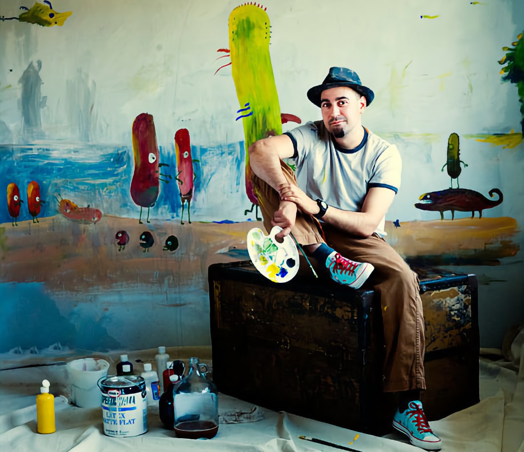 Dimka in the studio with a paint palette, in front of a large mural in progress